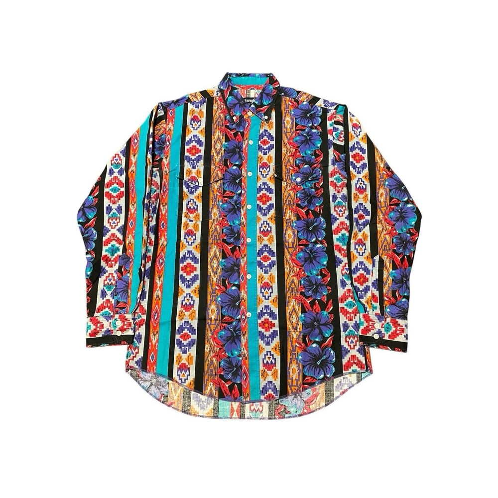 Wrangler Brushpopper Aztec Western Shirt 15.5-34 Men Medium X-Long Tails VTG USA